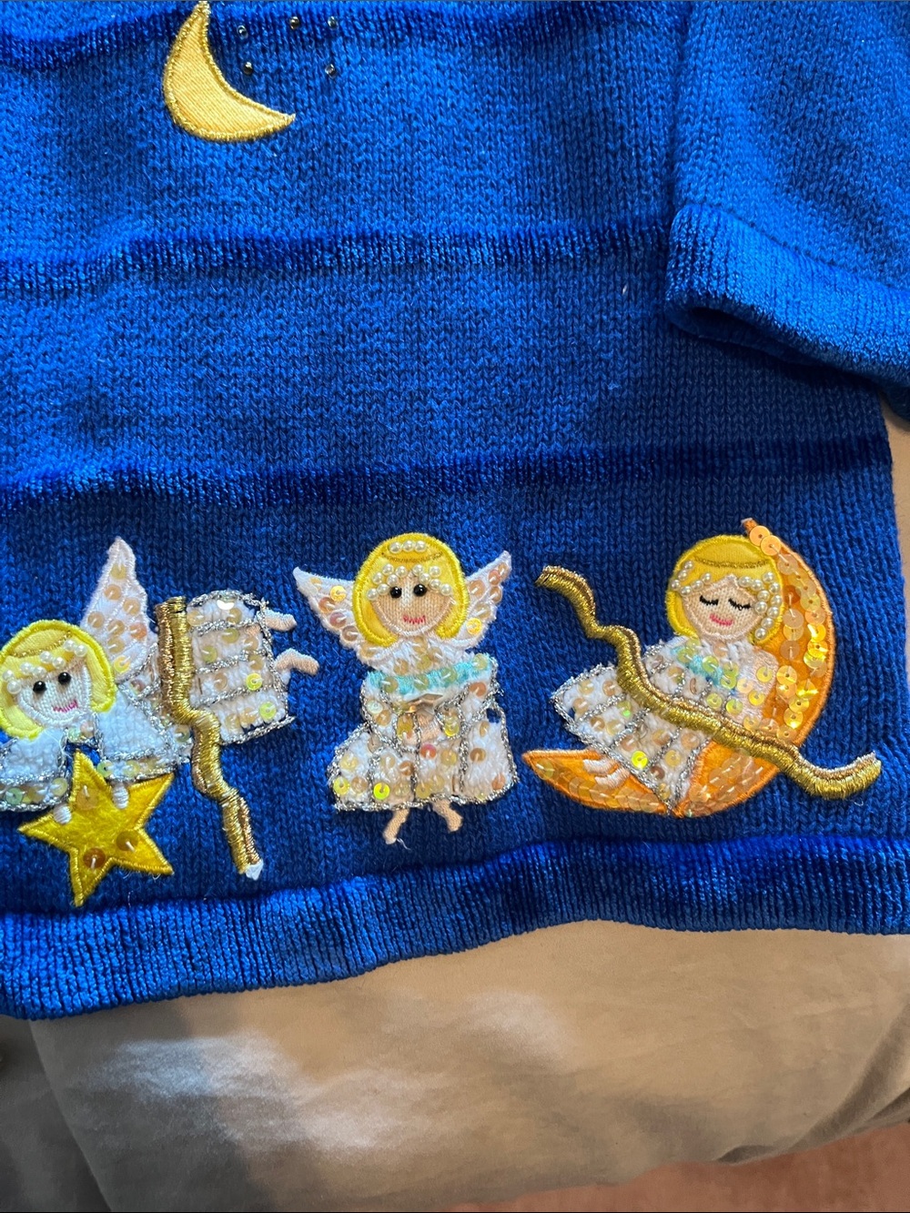Quacker Factory Royal Blue Zip Cardigan with Moon, Star & Angel Appliqués - Picture 4 of 5